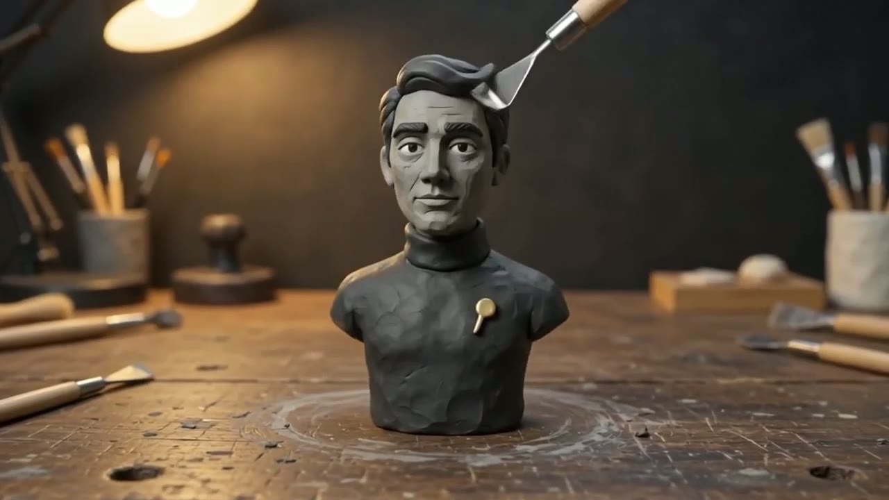 AiM reel still — a sculptor's palette knife shaping a clay bust