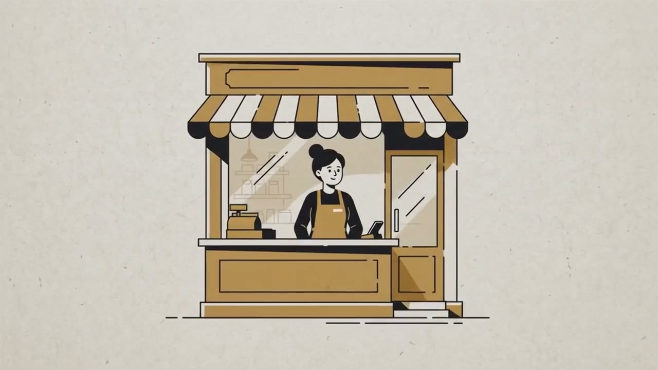 AiM reel still — line-art animated storefront explainer