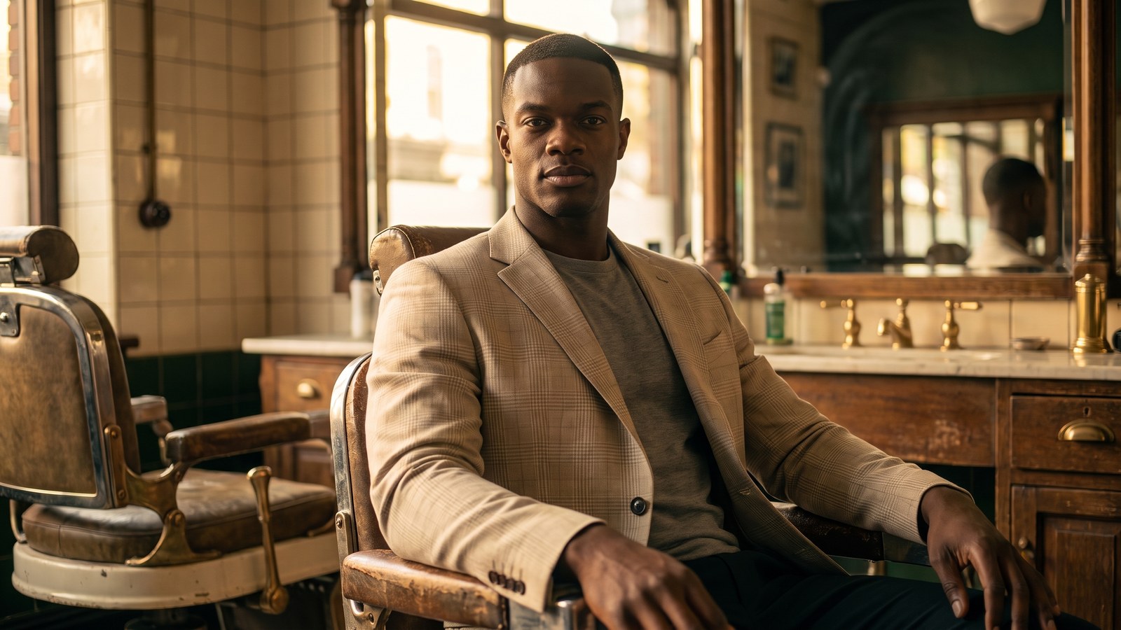 Menswear portrait still — barbershop